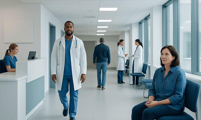 Healthcare professionals and patients in a modern hospital corridor.
