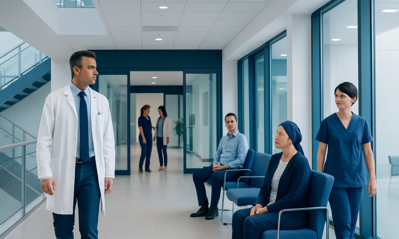 Medical staff and patients in a modern hospital waiting area.