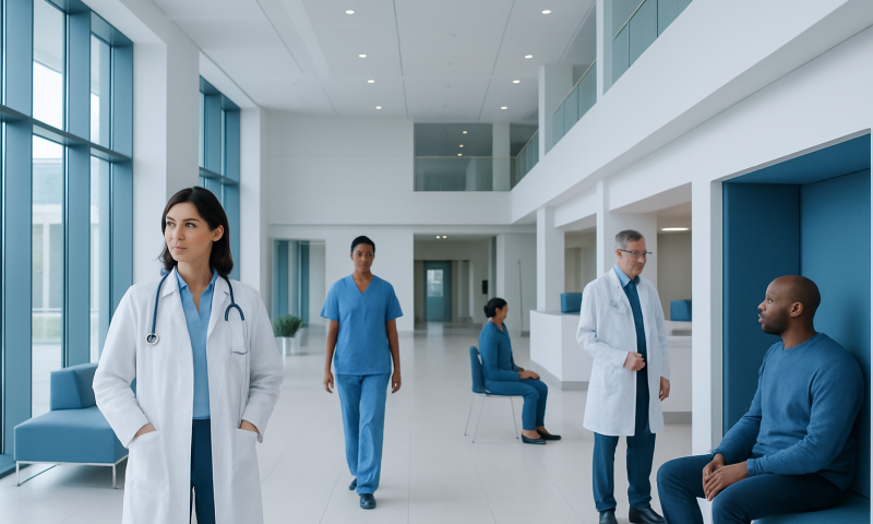 Precision Oncology: How Biomarkers Guide Cancer Treatment 13 Medical professionals and patient in a modern hospital corridor.