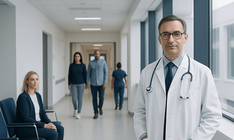 What Is an Oncologist? Roles, Subspecialties, and When You Need One 9 Doctor in hospital corridor with patients and staff in background.