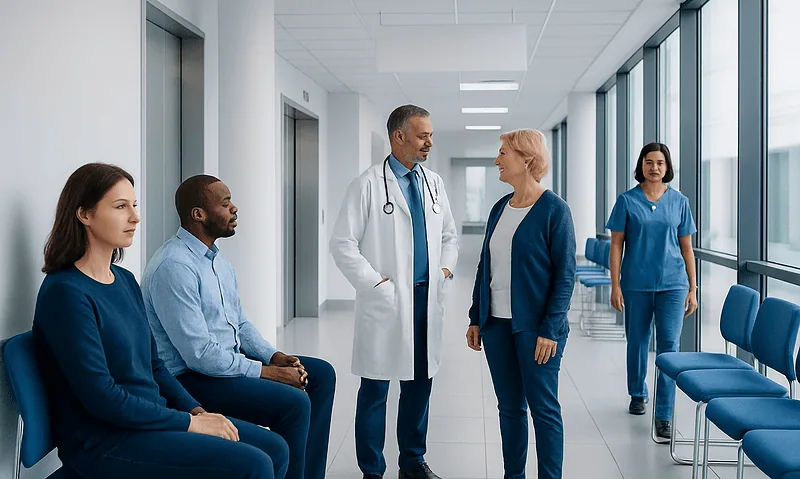 What Is Hematology Oncology? Blood Cancers and Combined Specialist Care 6 Medical team consulting patient in hospital corridor with large windows.