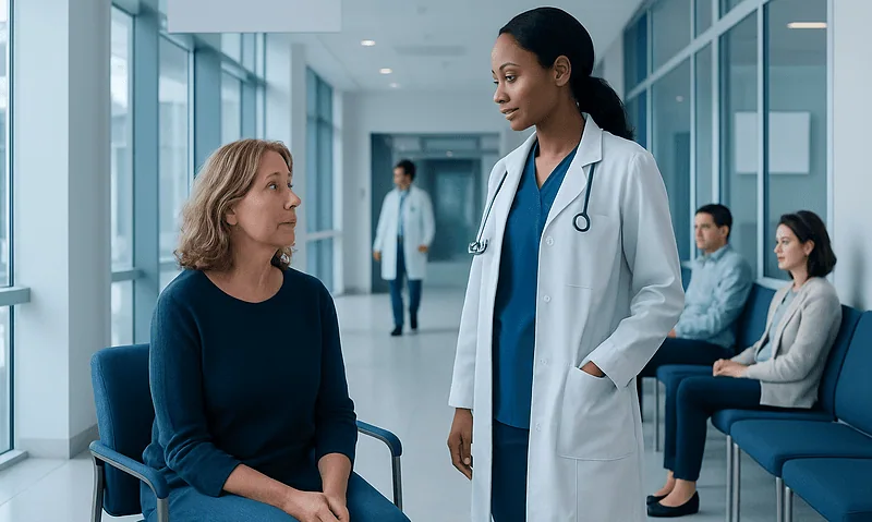 First Oncology Appointment: What to Expect and How to Prepare 4 Doctor consulting with a female patient in a hospital corridor.