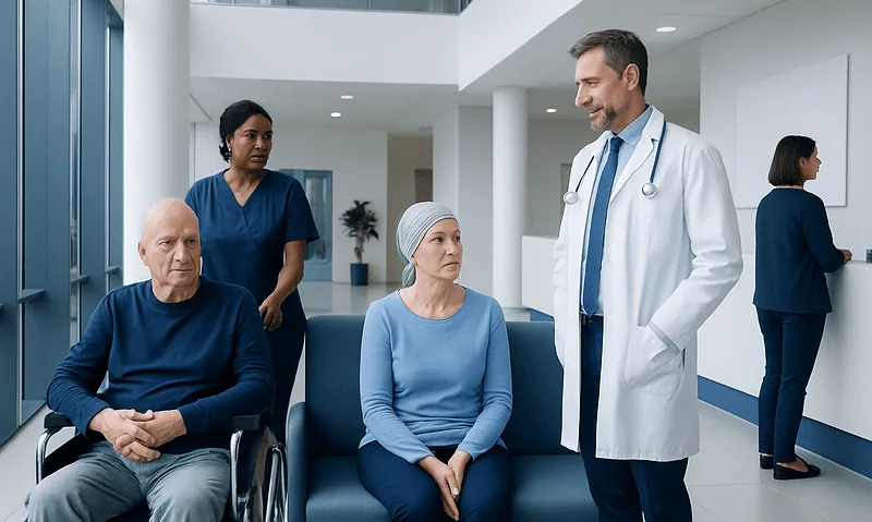 Common Side Effects of Cancer Treatment and How They Are Managed 16 Doctor consulting with elderly patients in hospital lobby.