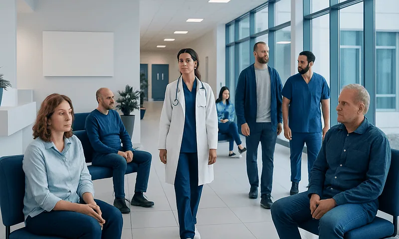 Cancer Treatment Costs: What Affects the Price in Turkey 15 Medical team and patients in a hospital waiting area at Acibadem Hospitals Group.