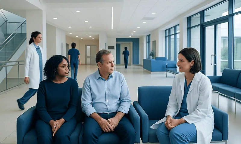 When to Get a Second Opinion in Cancer Care 13 Patients consulting with a doctor in a modern hospital lobby.