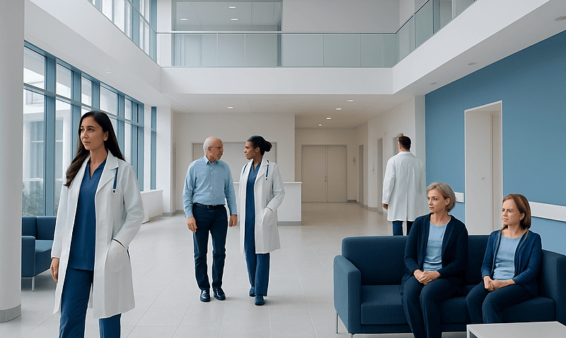 Precision Oncology: Biomarker Testing and Personalized Treatment 10 Modern hospital lobby with medical staff and patients in a bright, spacious setting.