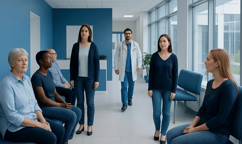 Cancer Symptoms That Should Not Be Ignored 9 Medical consultation with diverse patients in a modern hospital corridor.