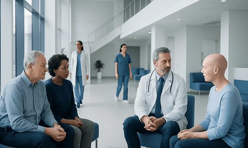Why a Second Opinion Can Change Cancer Treatment Plans 7 Doctor consulting cancer patient in hospital lobby with family members present.