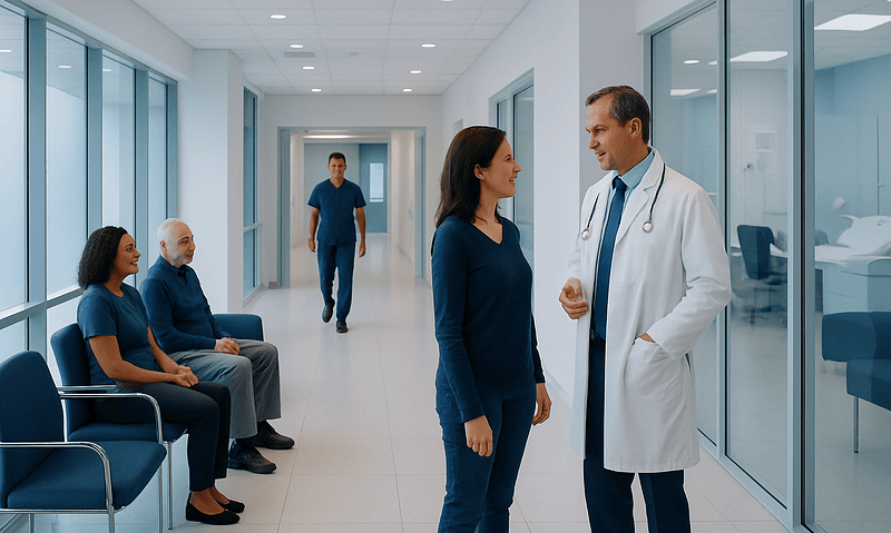 How to Find the Right Oncologist for Your Cancer Care 6 Doctor talking to a patient in a hospital corridor with waiting patients.