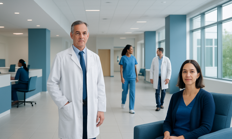 Precision Oncology: What It Is and Who It Helps 1 Medical professionals in a modern hospital corridor with patients and staff.