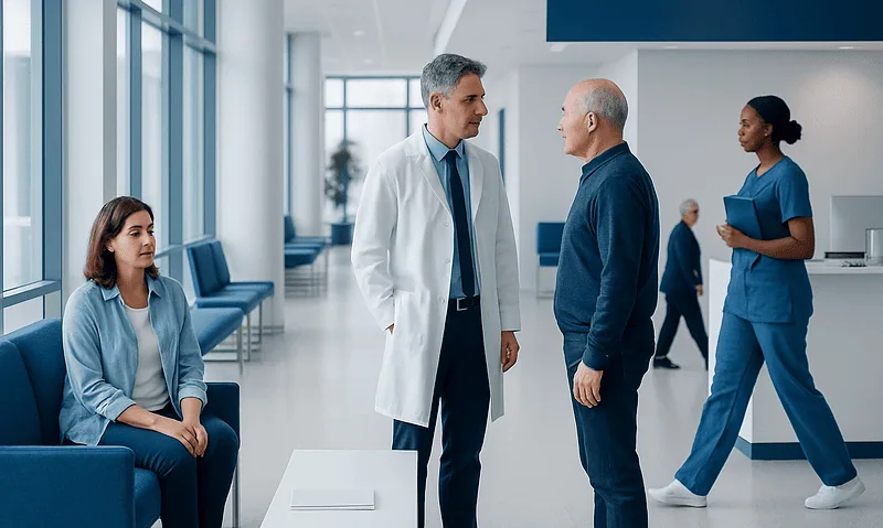 Medical professionals and patient in a hospital corridor.