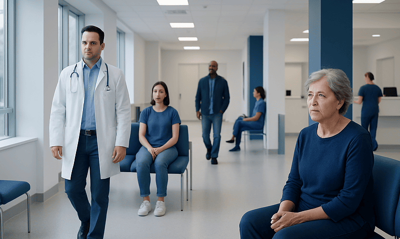 Medical consultation in a hospital waiting area with doctors and patients.