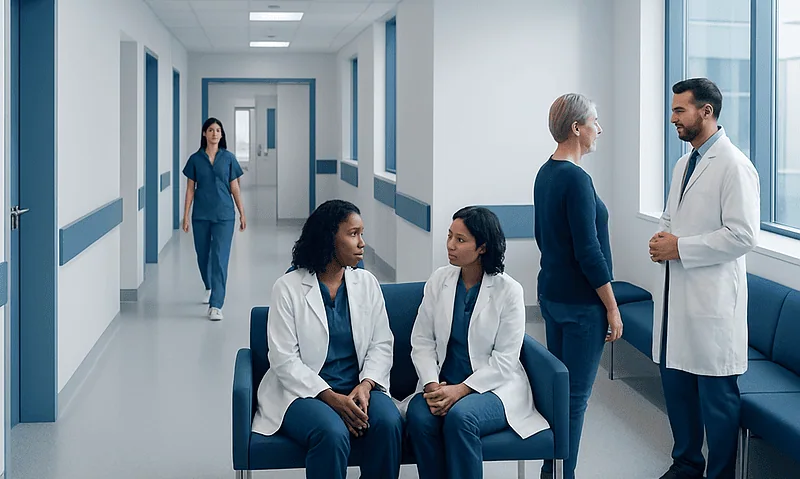 Medical team discussing patient care in hospital corridor.