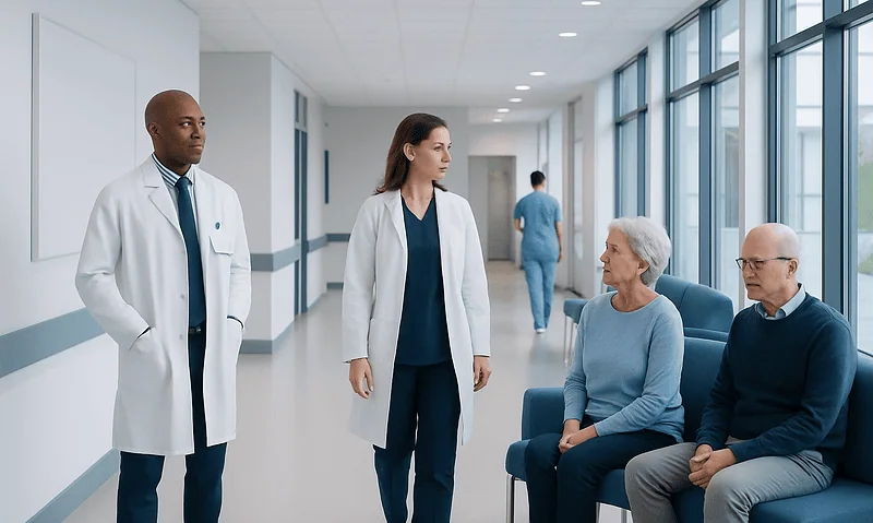Medical team consulting elderly patients in hospital corridor.