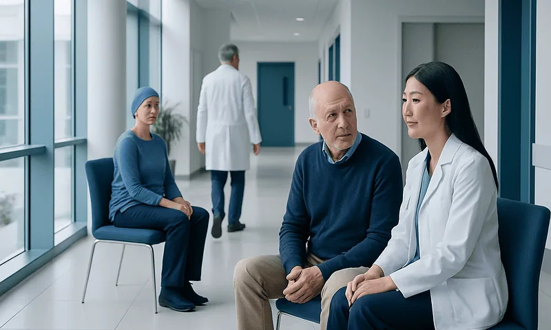 Doctor consulting with patient in hospital corridor for second opinion in cancer care.