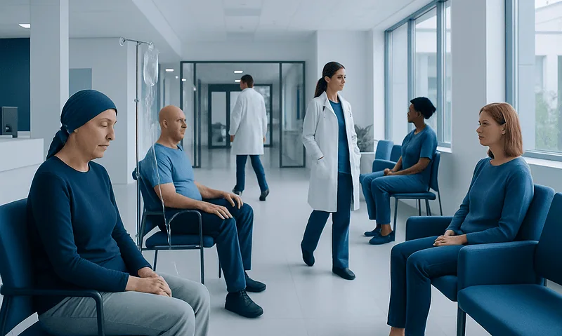 Patients waiting in a hospital corridor for cancer treatment consultation.