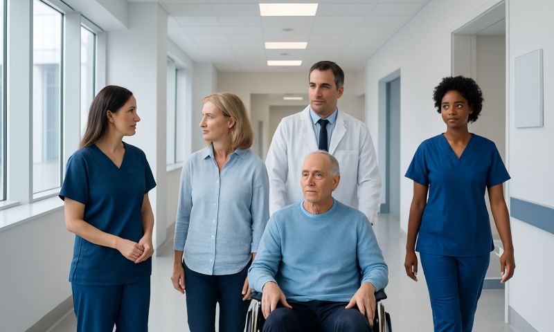 Hospital staff caring for a patient in a modern healthcare facility.