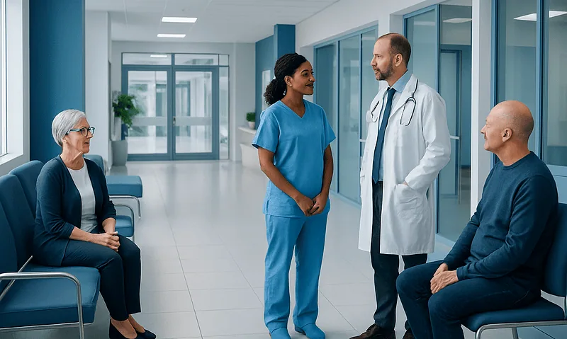 When to Get a Second Oncology Opinion 16 Medical team consulting with patients in a hospital corridor.