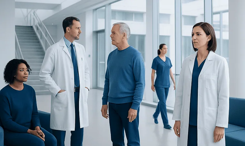 What Is Precision Oncology? Biomarker-Driven Cancer Treatment Explained 15 Medical team discussing patient care in a modern hospital corridor.