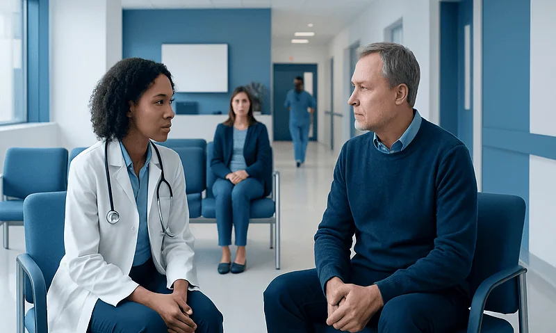 How to Prepare for Your First Oncology Appointment 13 Doctor and patient having a consultation in a hospital corridor.