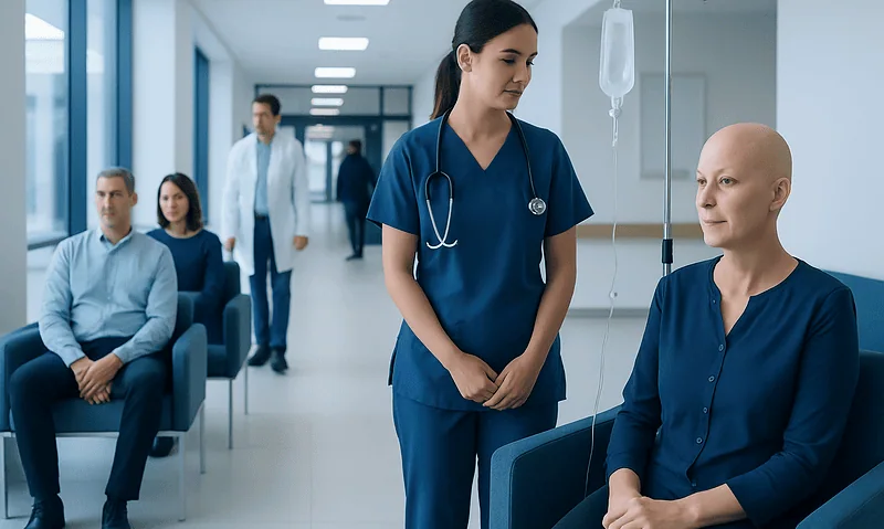 Cancer Treatment Side Effects: What to Expect and How They Are Managed 10 Healthcare professional consulting a patient in a hospital corridor.