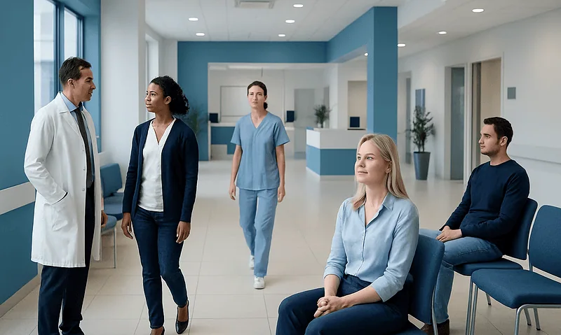 Medical professionals and patients in a modern hospital waiting area.