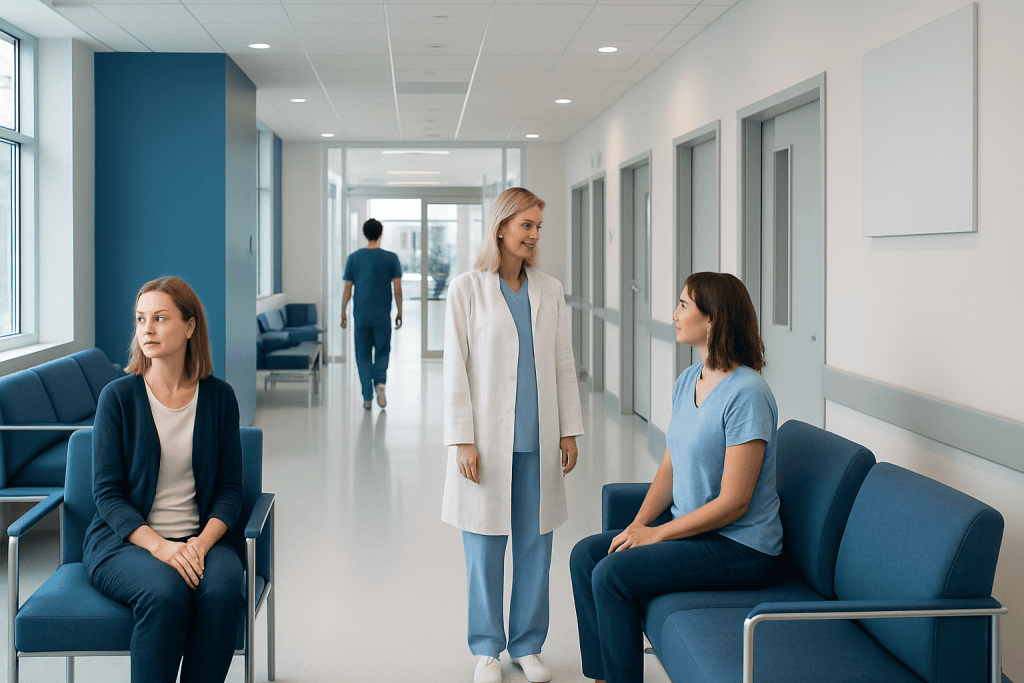 Breast Implant Removal: Reasons, Options, and What Results Can Look Like 1 Hospital corridor with patients and medical staff in a modern healthcare facility.