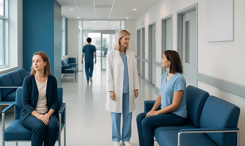 Hospital corridor with patients and medical staff in a modern healthcare facility.