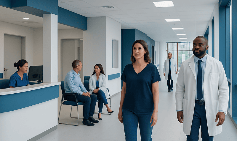 Medical staff and patients in a modern hospital corridor.
