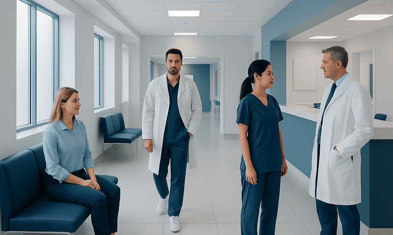 Medical consultation in a modern hospital corridor with doctors and patient.