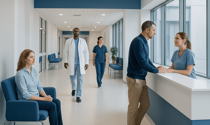 Patients and medical staff in a modern hospital corridor.