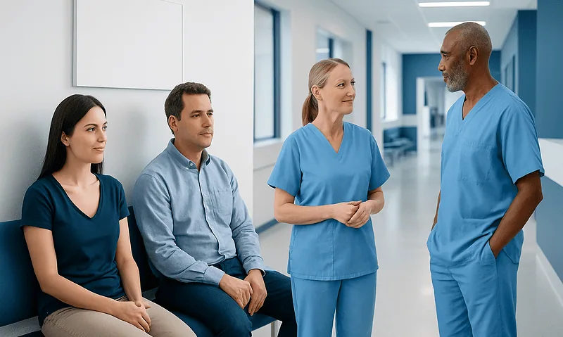 Medical team consulting patients in hospital corridor.