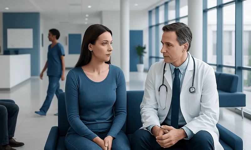 Patient consulting with doctor in modern hospital waiting area.