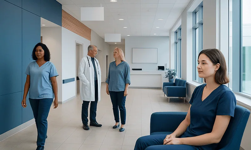 Hospital corridor with medical staff and patient in blue scrubs.