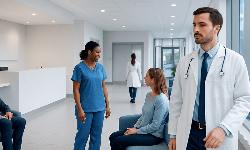 Medical consultation in a modern hospital with healthcare professionals and patient.