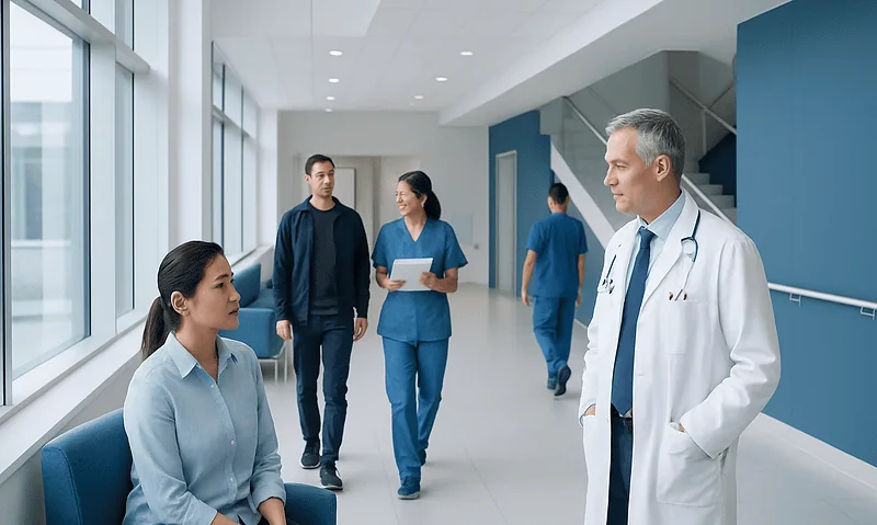 Medical team consulting patient in hospital corridor at Acibadem Hospitals.