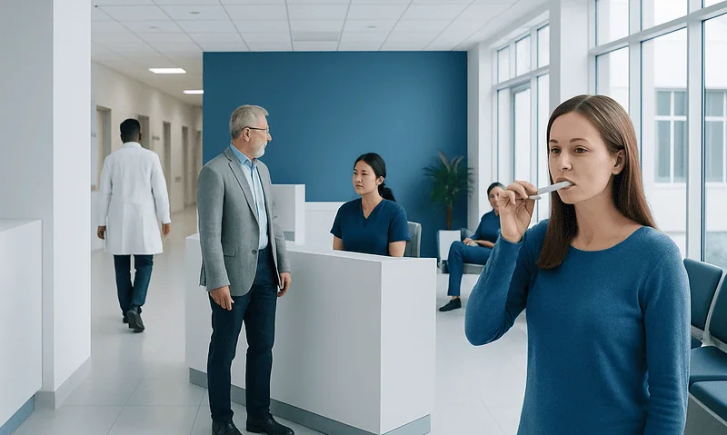 Patient at hospital reception speaking with staff and a visitor in the background.