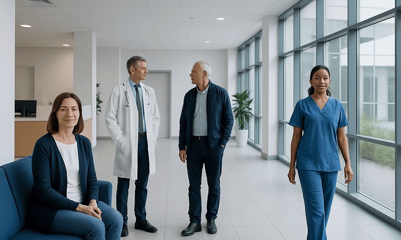 Medical professionals and patient in a modern hospital corridor.