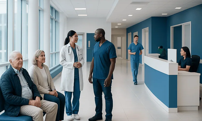Medical team consulting with patients in a modern hospital corridor.