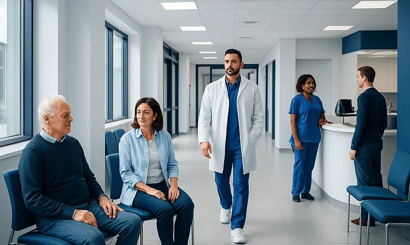 Patients waiting in a modern hospital corridor with medical staff present.