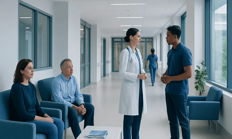 Medical consultation in hospital corridor with doctor and patients.