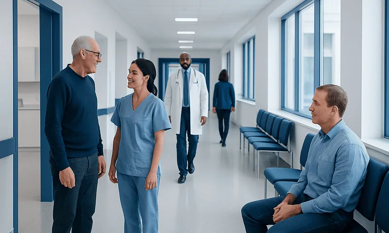 Hospital corridor with staff and patient engaging in conversation.