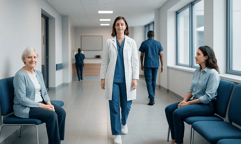 Healthcare professionals and patients in a hospital corridor.