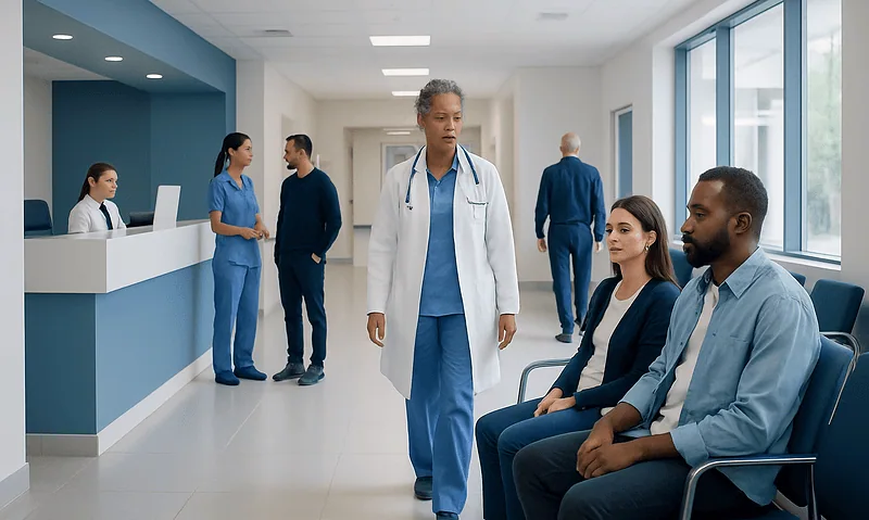 Medical staff and patients in a modern hospital corridor.