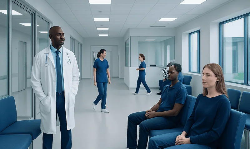 Medical professionals and patients in a hospital corridor at Acibadem Hospitals Group.