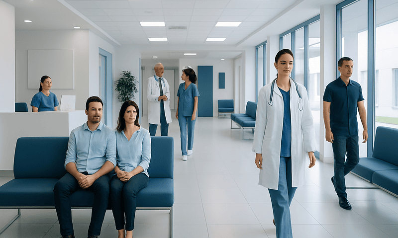 Modern hospital waiting area with medical staff and patients.