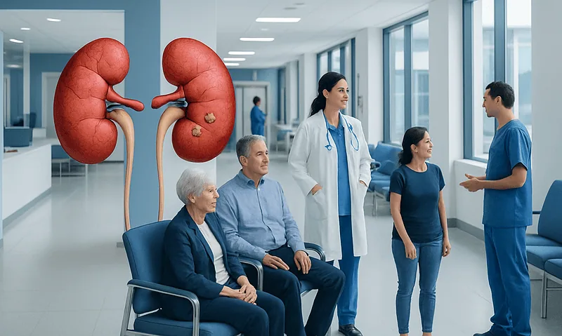 Medical team discussing kidney health with patients in hospital corridor.
