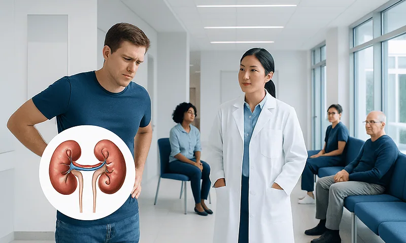 Man with kidney illustration at a medical consultation.