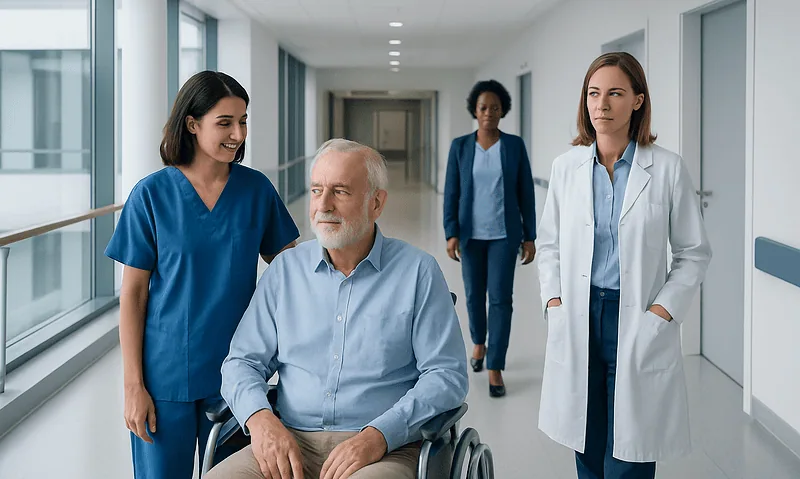 Healthcare professionals caring for a patient in a hospital corridor.