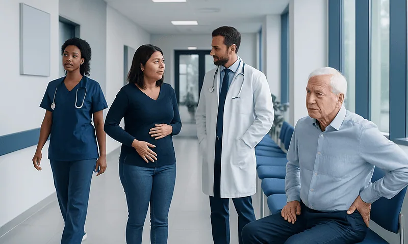 Medical team consulting with pregnant woman in hospital corridor.
